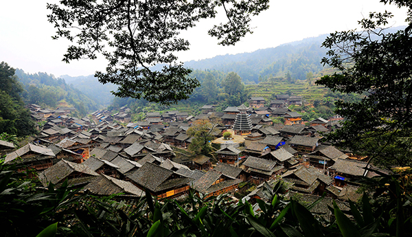 A scenic view of Qiandongnan Rongjiang Dalicun Gujianzhuqun
