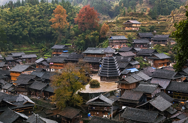 A scenic view of Qiandongnan Rongjiang Dalicun Gujianzhuqun