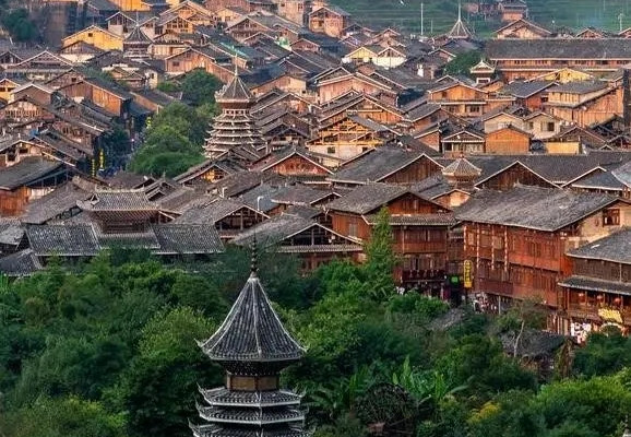 A scenic view of Qiandongnan Rongjiang Dalicun Gujianzhuqun