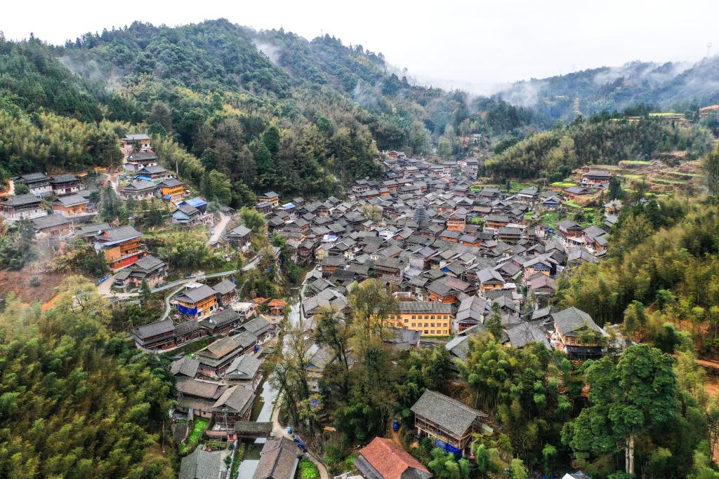 A scenic view of Qiandongnan Rongjiang Dalicun Gujianzhuqun