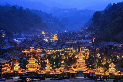 A scenic view of Qiandongnan Sanmentang Gujianzhuqun