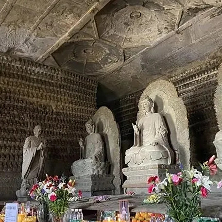 A scenic view of Yanan Qingliangshan Wanfo Cave Grottoes