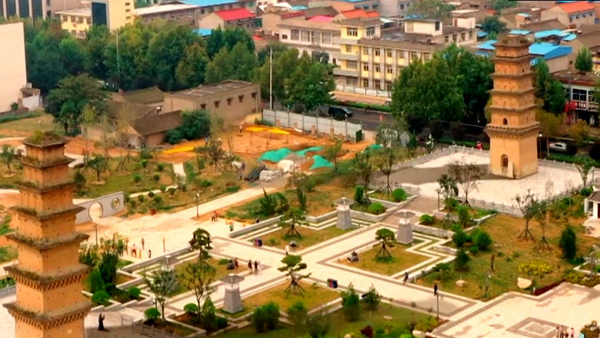 A scenic view of Yuncheng Miaodao Temple Twin Pagodas